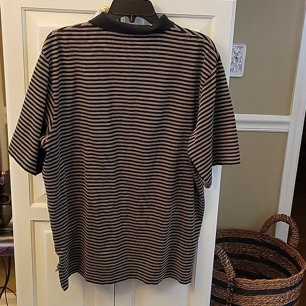 Ralph Lauren Polo Golf black tan striped shirt short slv 100% Pima Cotton L EUC…